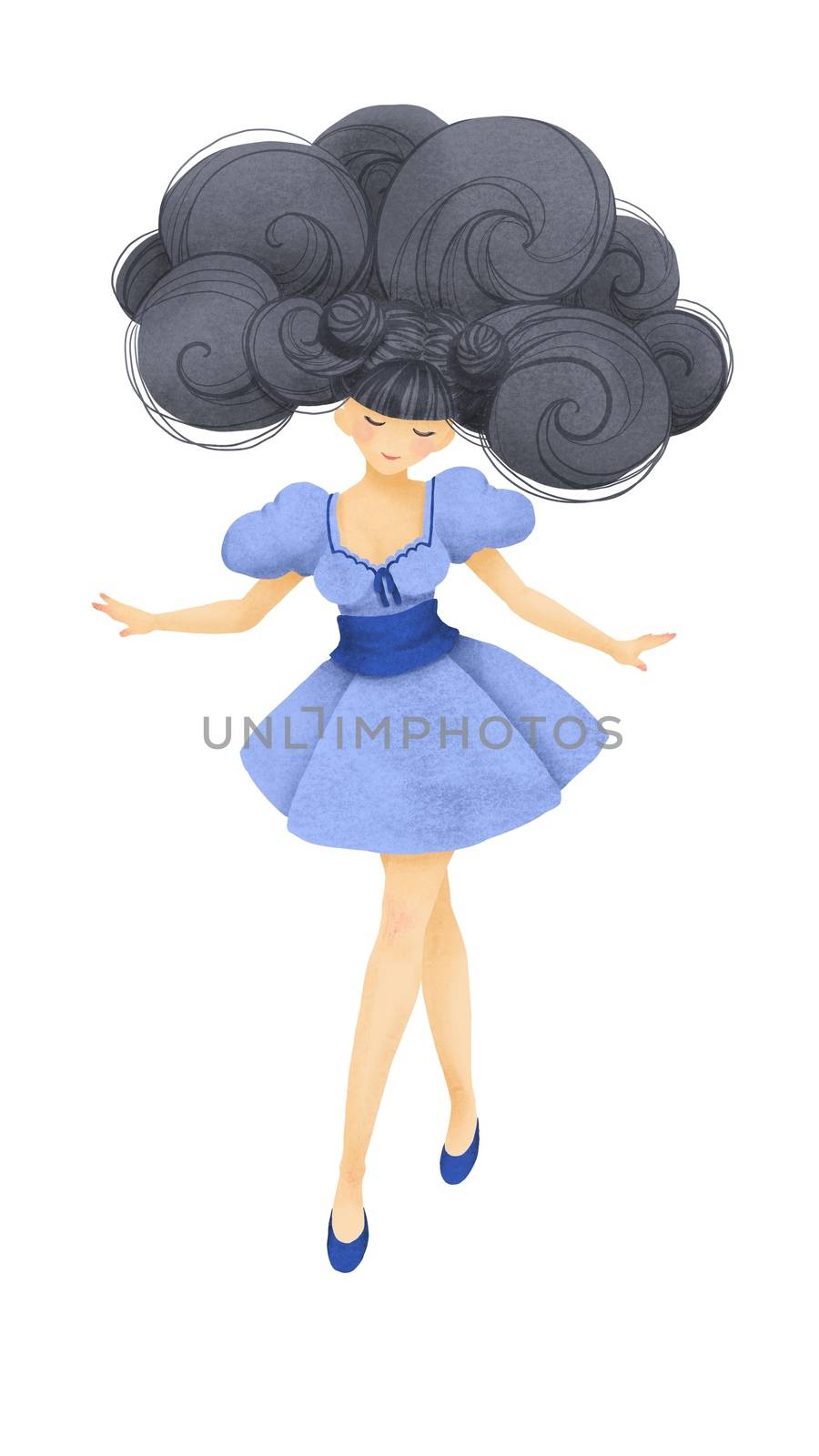 Curly hair woman in a blue dress on a white background. digital painting cartoon style.