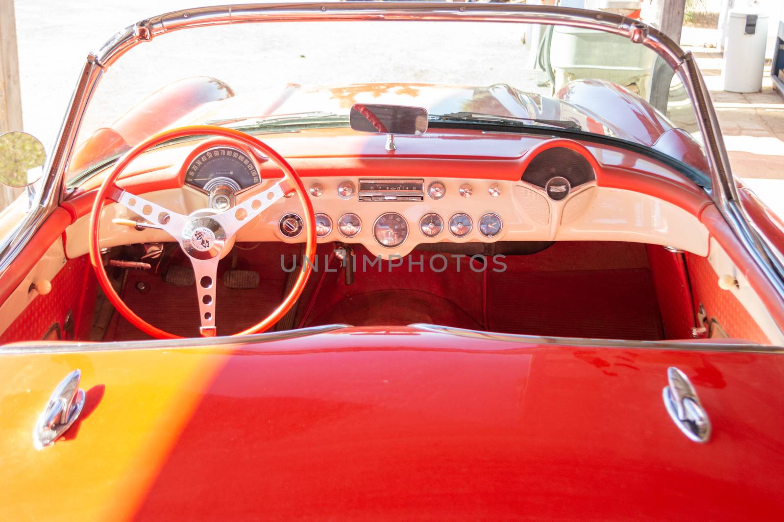 Interior of Chevrolet Corvette C1 50's edition, convertible, steering wheel and seats, fully restored by kb79