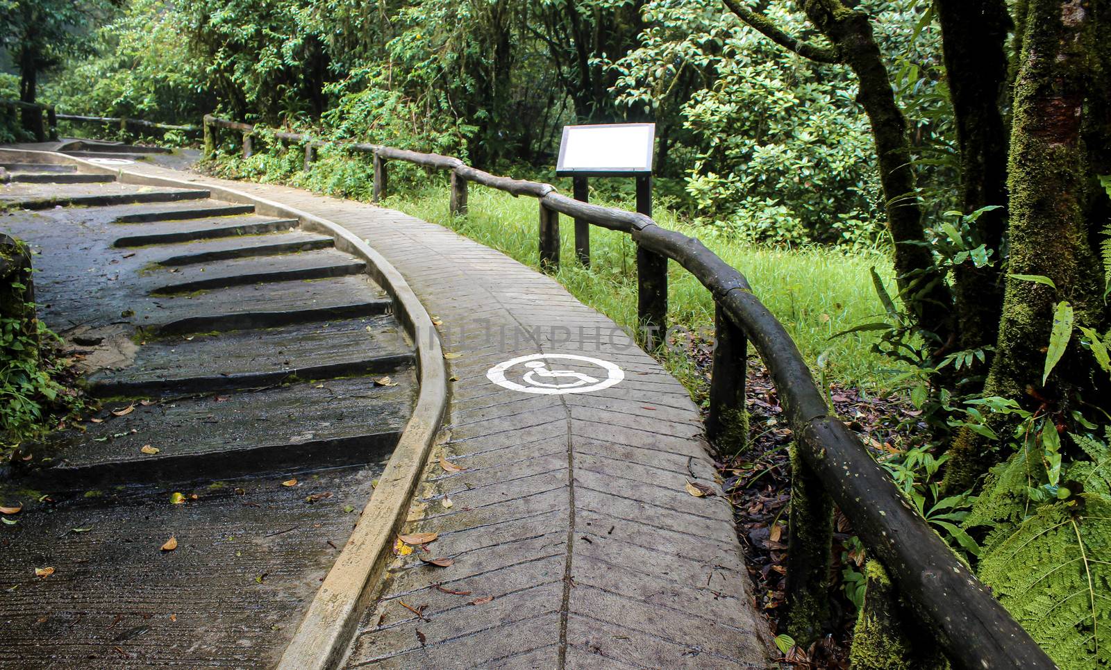 Concrete ramp way with wooden handrails and disabled sign for su by TEERASAK