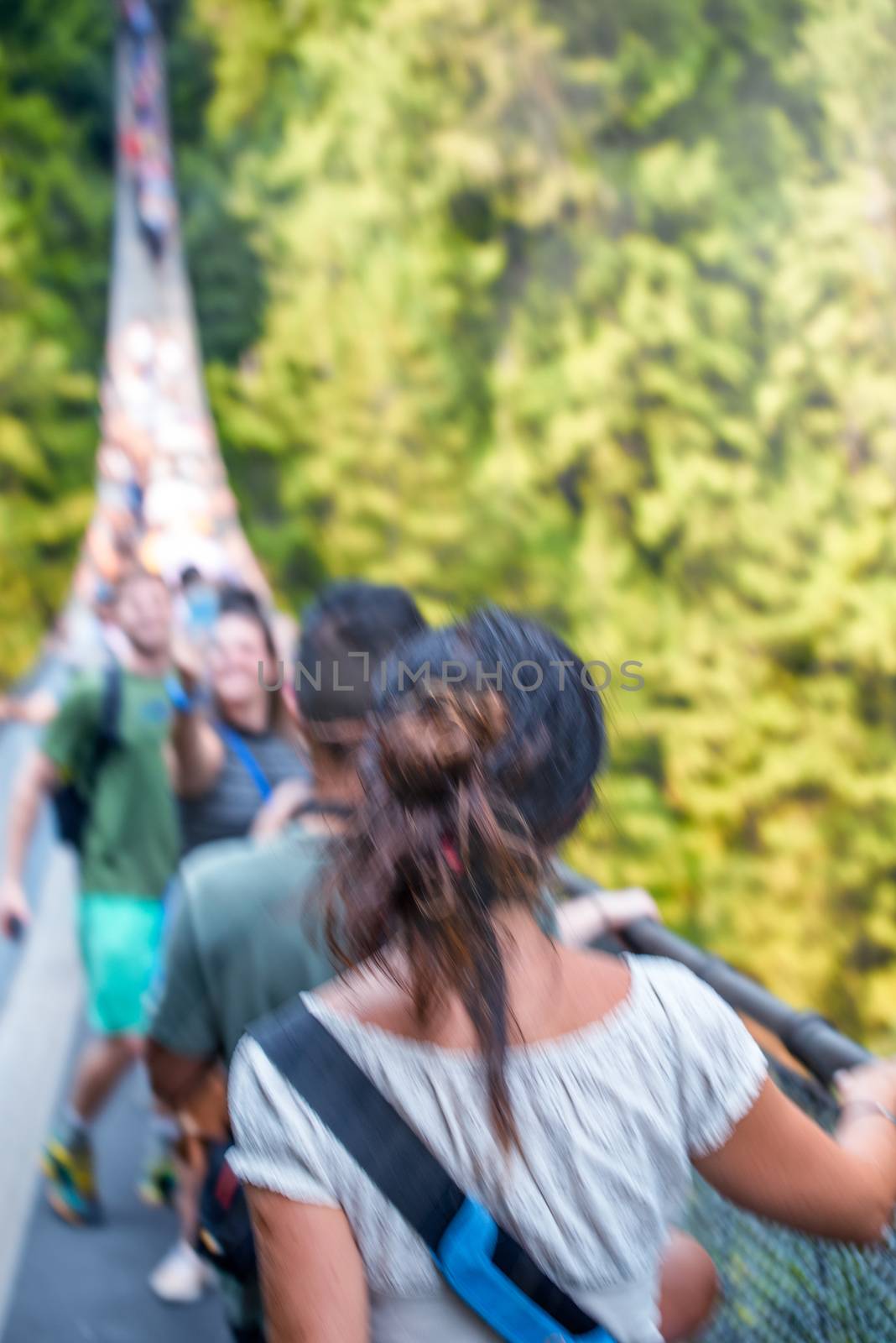 Blurred view of people moving along Capilano Suspension Bridge, by jovannig