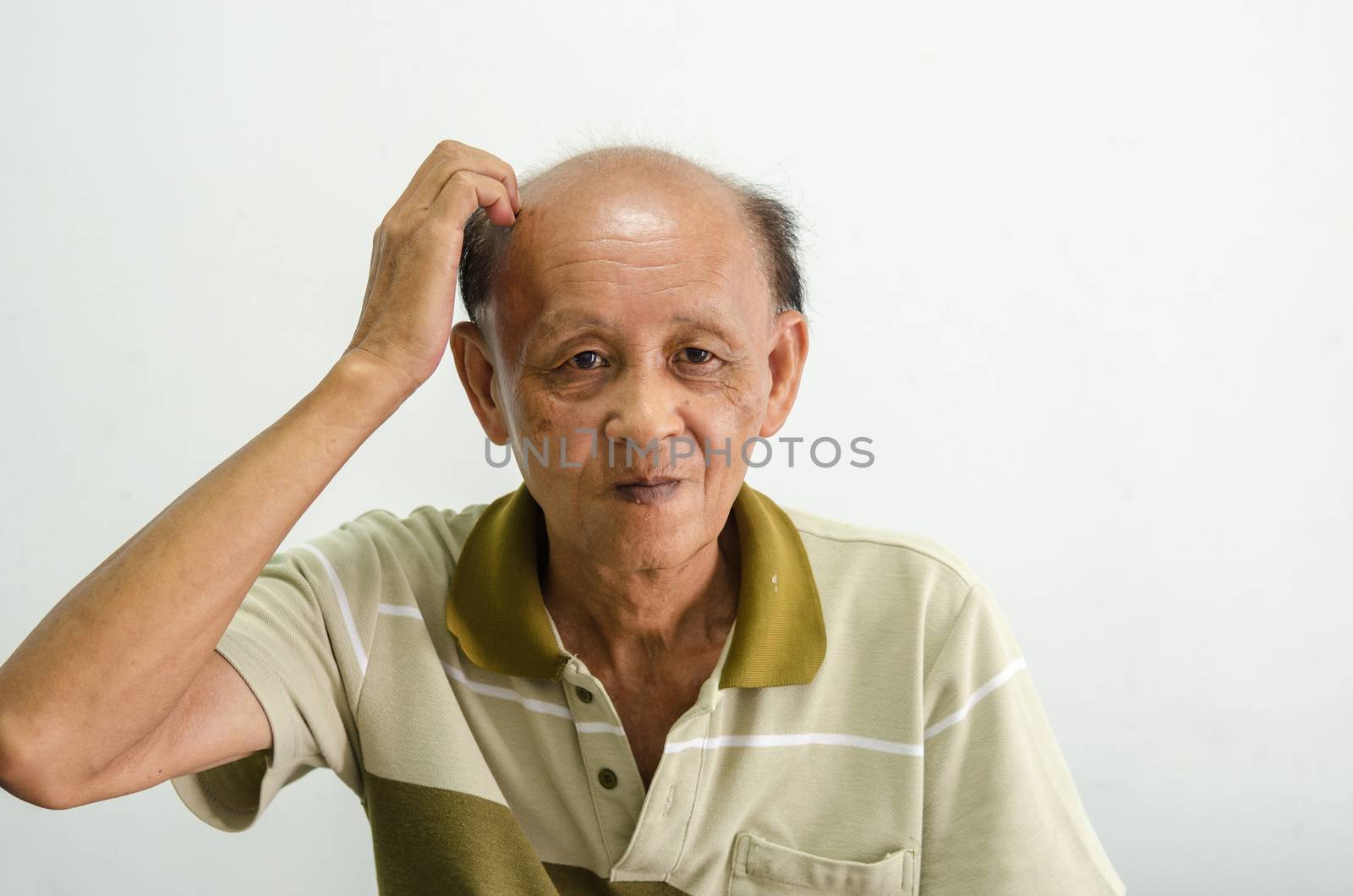 Asian men scratching their heads bald older senior men portrait.