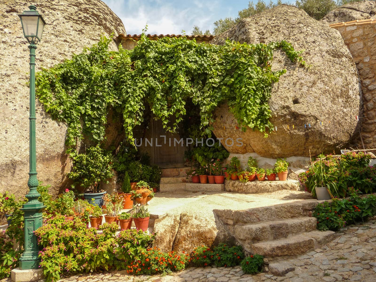 Narrow streets of the village Monsanto in Portugal. Plants and flowers in front of house. by kb79