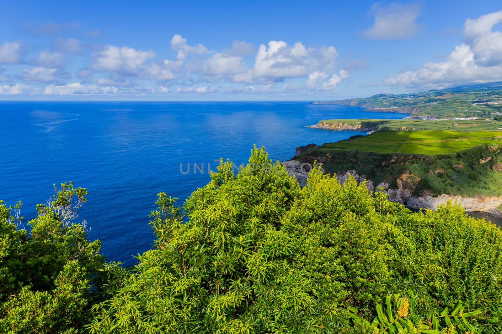 View from the Miradouro de Santa Iria on the island of São Miguel in the Azores. The view shows part of the northern coastline with beaches, cliffs and lush green fields on the clifftop.
