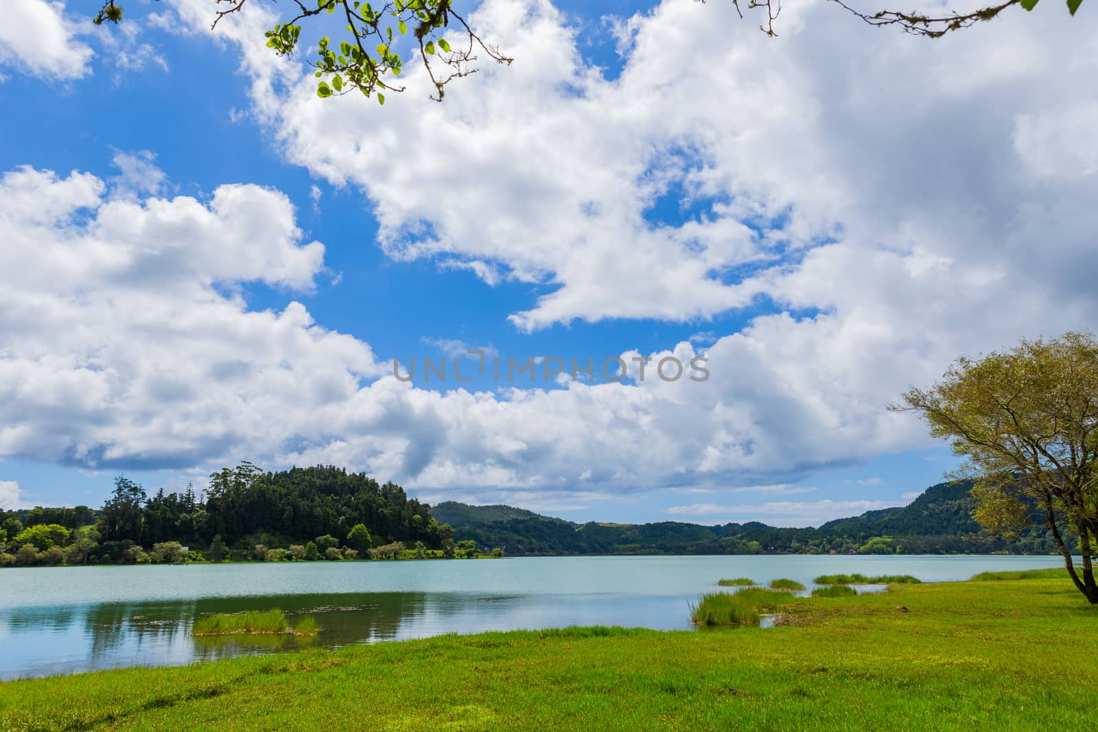 Scenic view of Furnas lake in Sao Miguel island, Azores, Portugal. An enchanting and tranquil scene of lush foliage and the lake in a volcanic crater