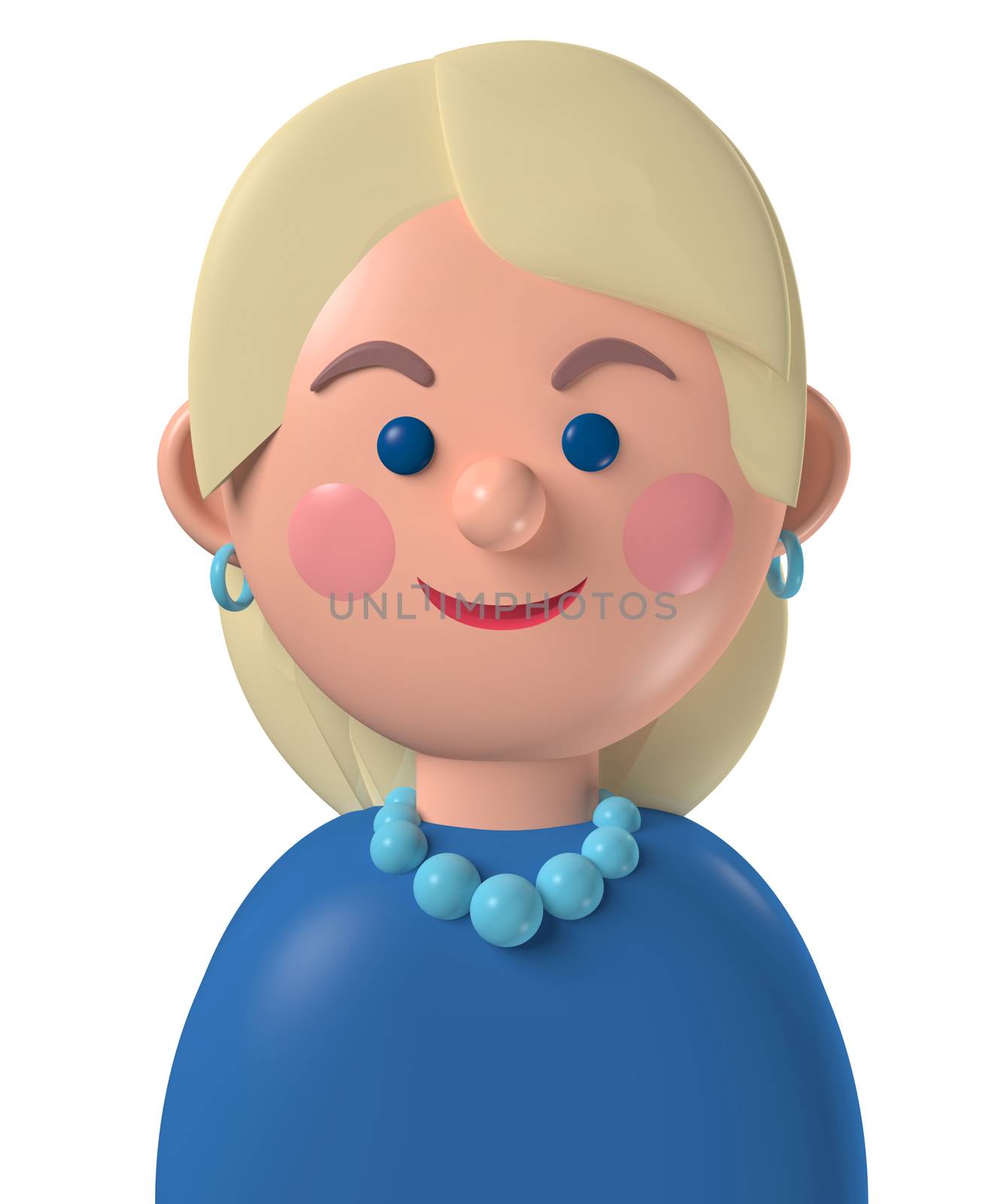 Cartoon character 3d avatar young caucasian blonde haired woman isolated on white