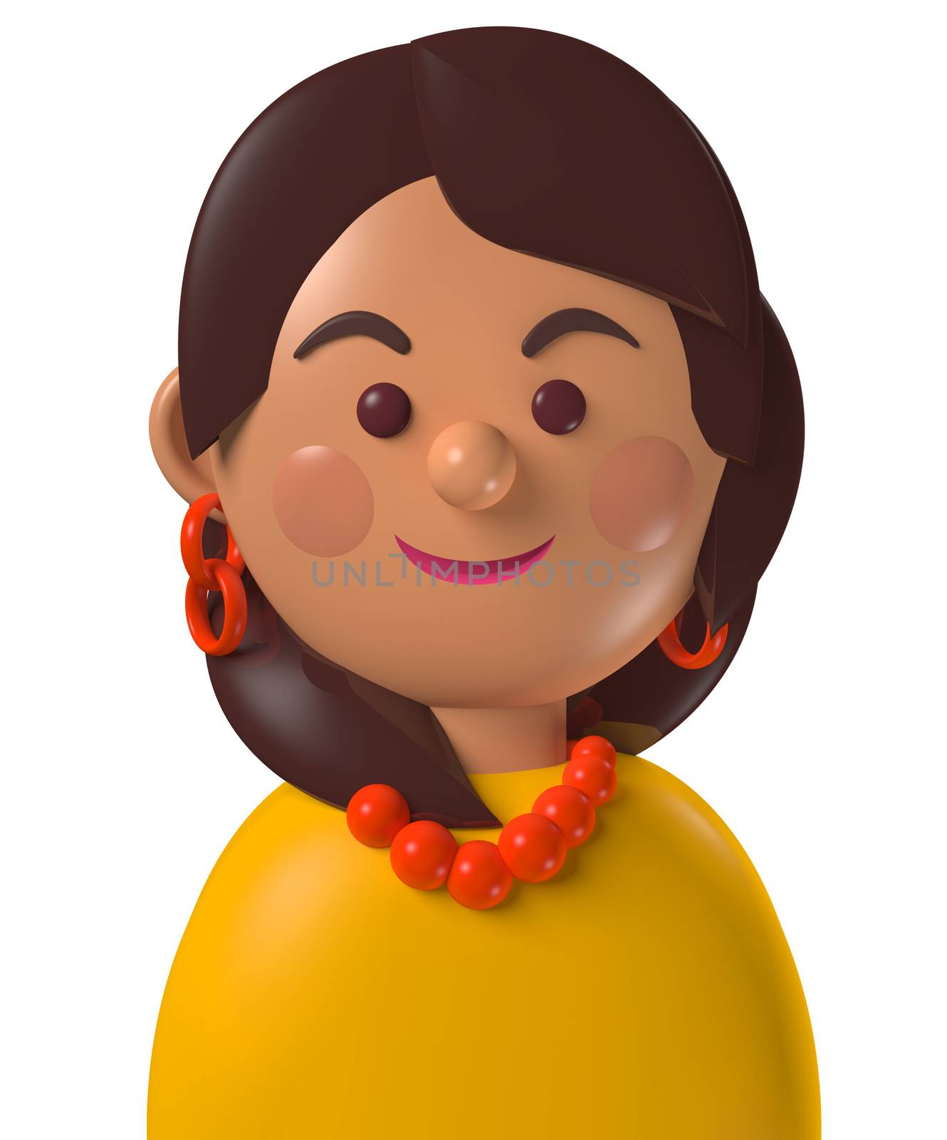 Cartoon character 3d avatar young Latin brown haired woman isolated on white
