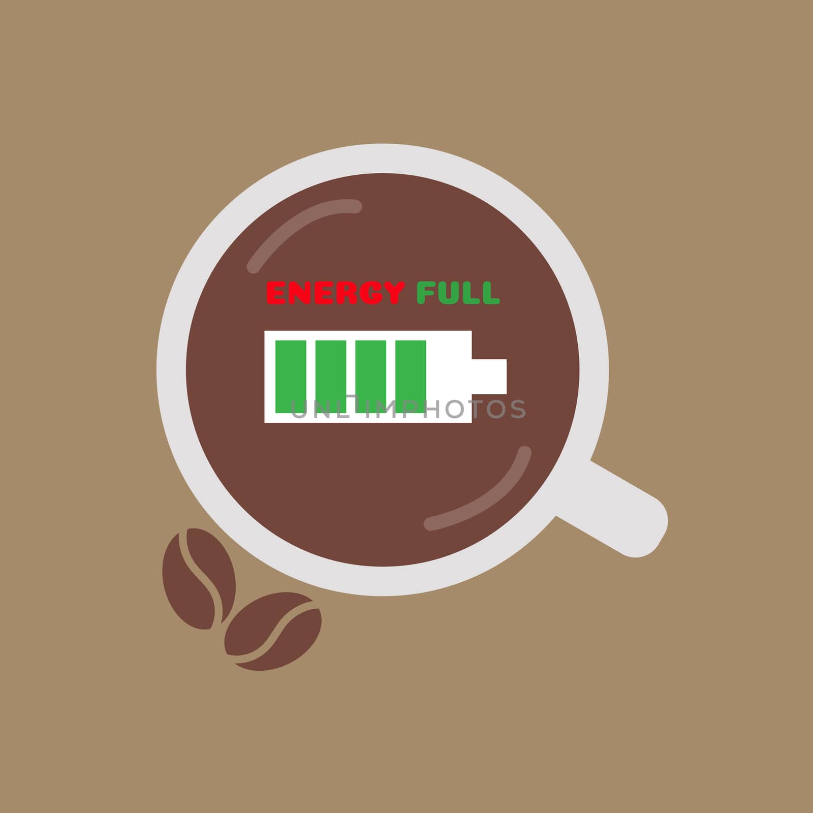 Energy full concept. Top view cup of coffee and coffee bean with green battery on brown background.  