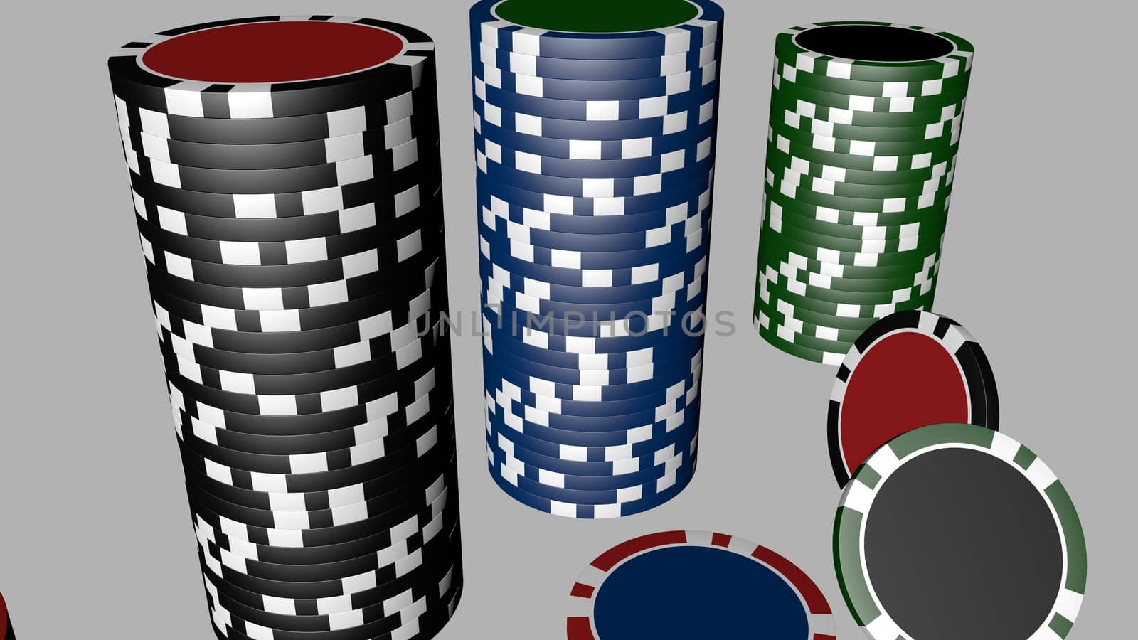 Set of poker chips of different colors and composition isolated on white background.