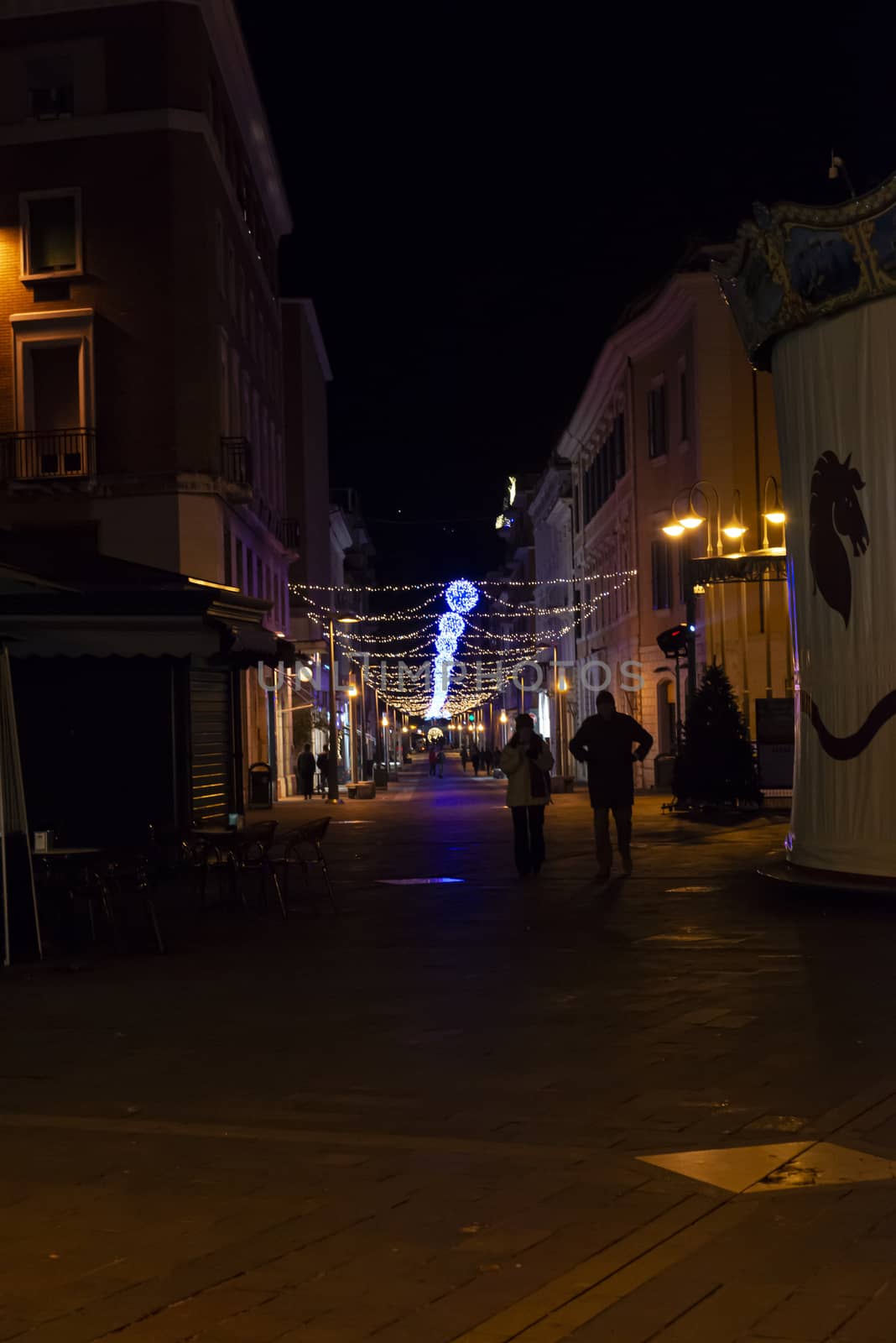 terni,italy december 20 2019:Christmas decorations in the city with light strips and projections