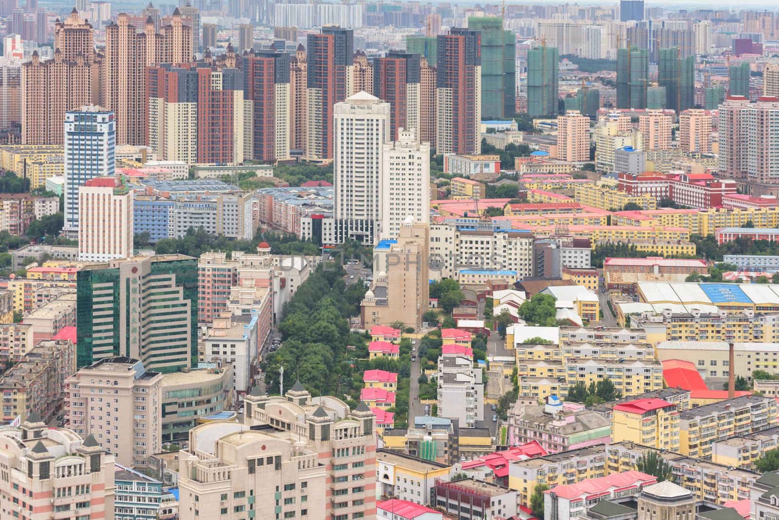 Harbin, Heilongjiang, China - September 2018: View of Harbin city. Cityscape of Harbin