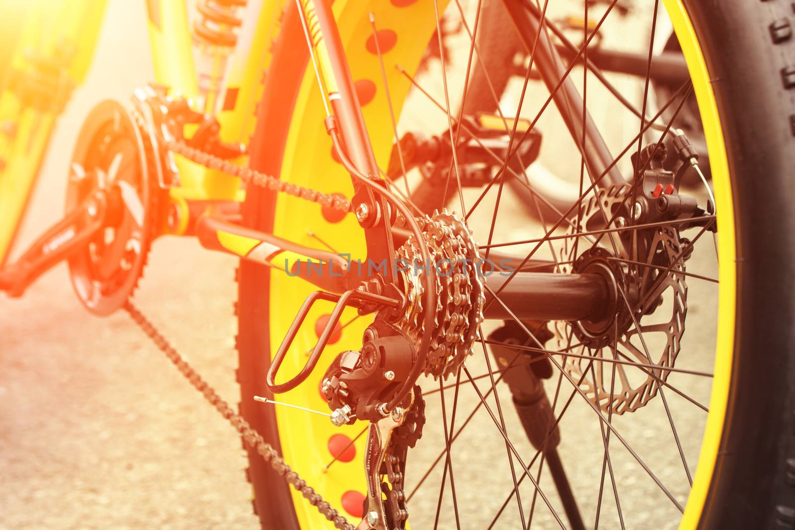 Bicycle wheel. Yellow bicycle close-up. Sport and active life concept