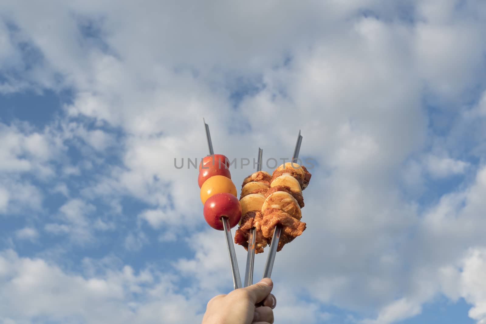 Marinated meat for barbecue, barbecue or grill with onions and dressed vegetables on skewers, the photo against the sky. Cooking meat in the grill on skewers in nature in the summer on a picnic.