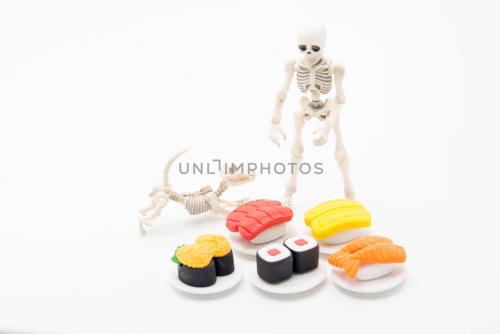 Skeleton, dog and foods, enjoy eating until death with Japanese foods.