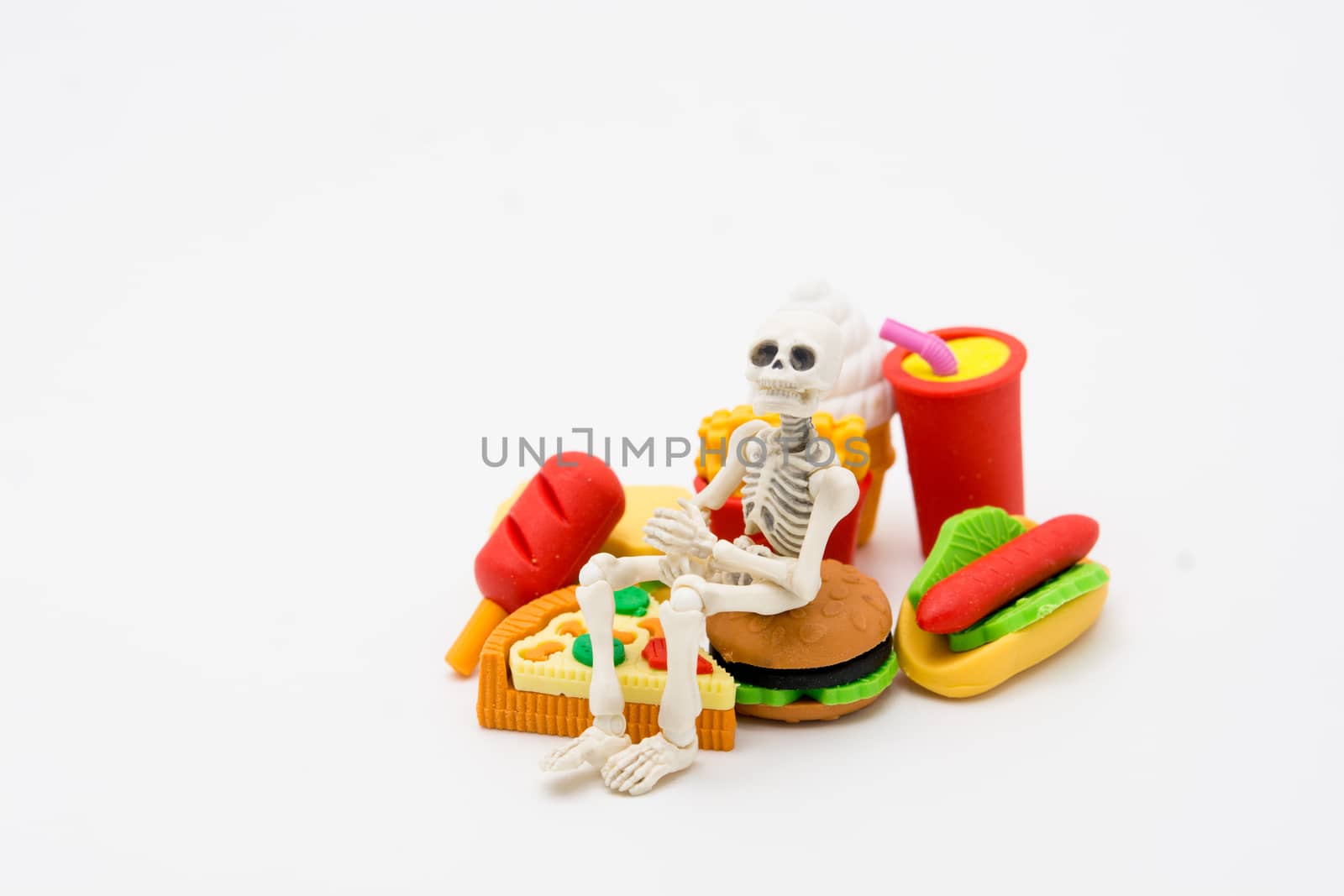 Skeleton and foods, enjoy eating until death with junk foods.