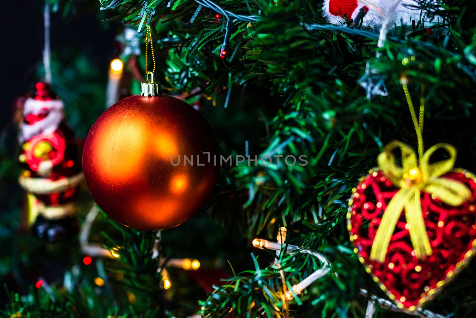 Christmas hanging decorations on fir tree. Decorated Christmas t by vladispas