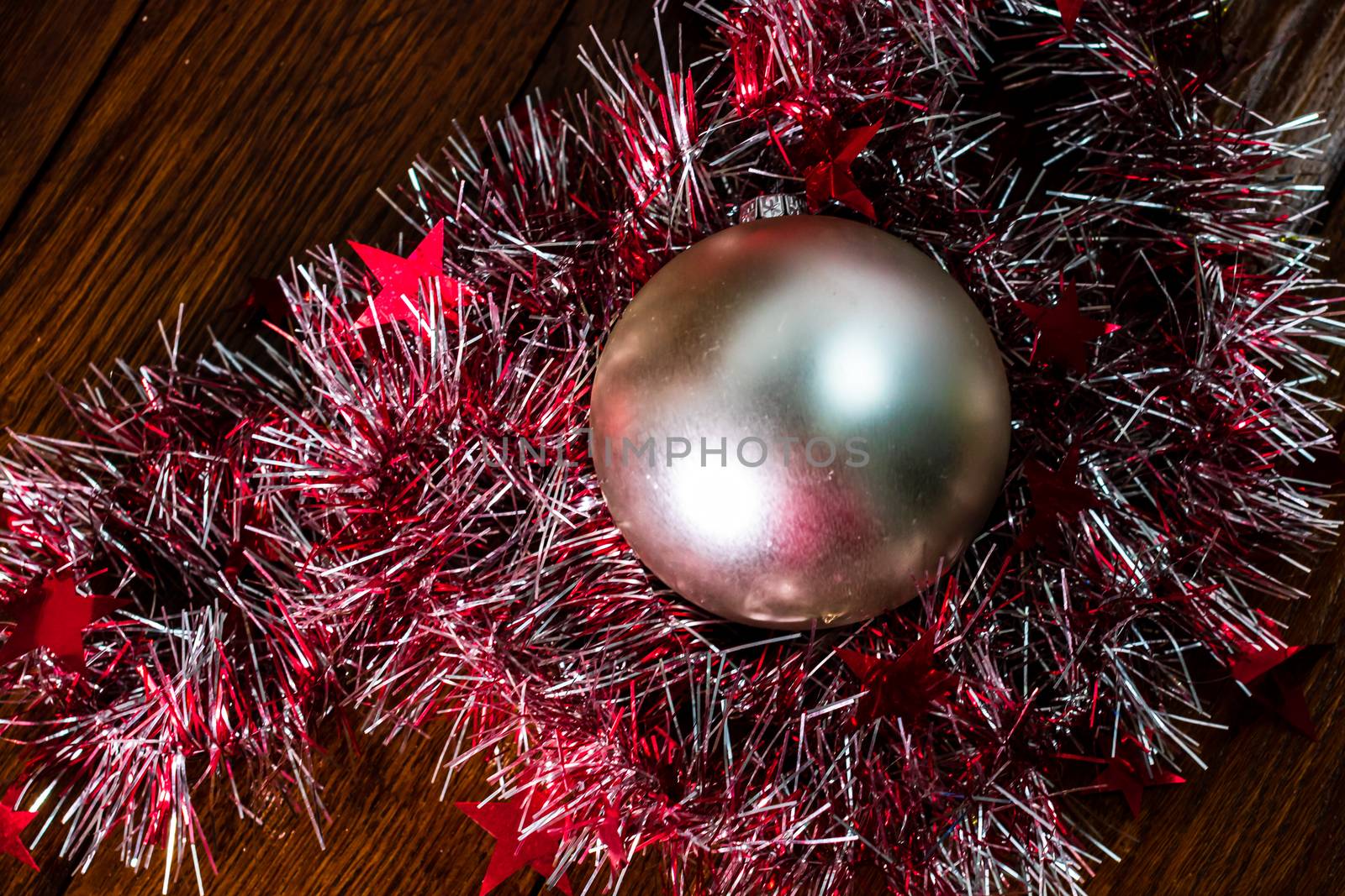 Decorations and ornaments for decorating the Christmas tree in a colorful Christmas composition,
