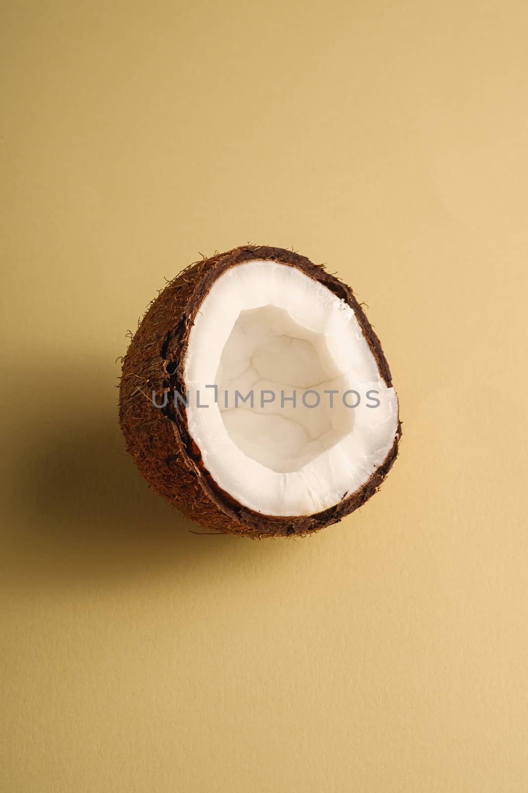 Single coconut fruit on cream yellow plain background, abstract food tropical concept, angle view copy space