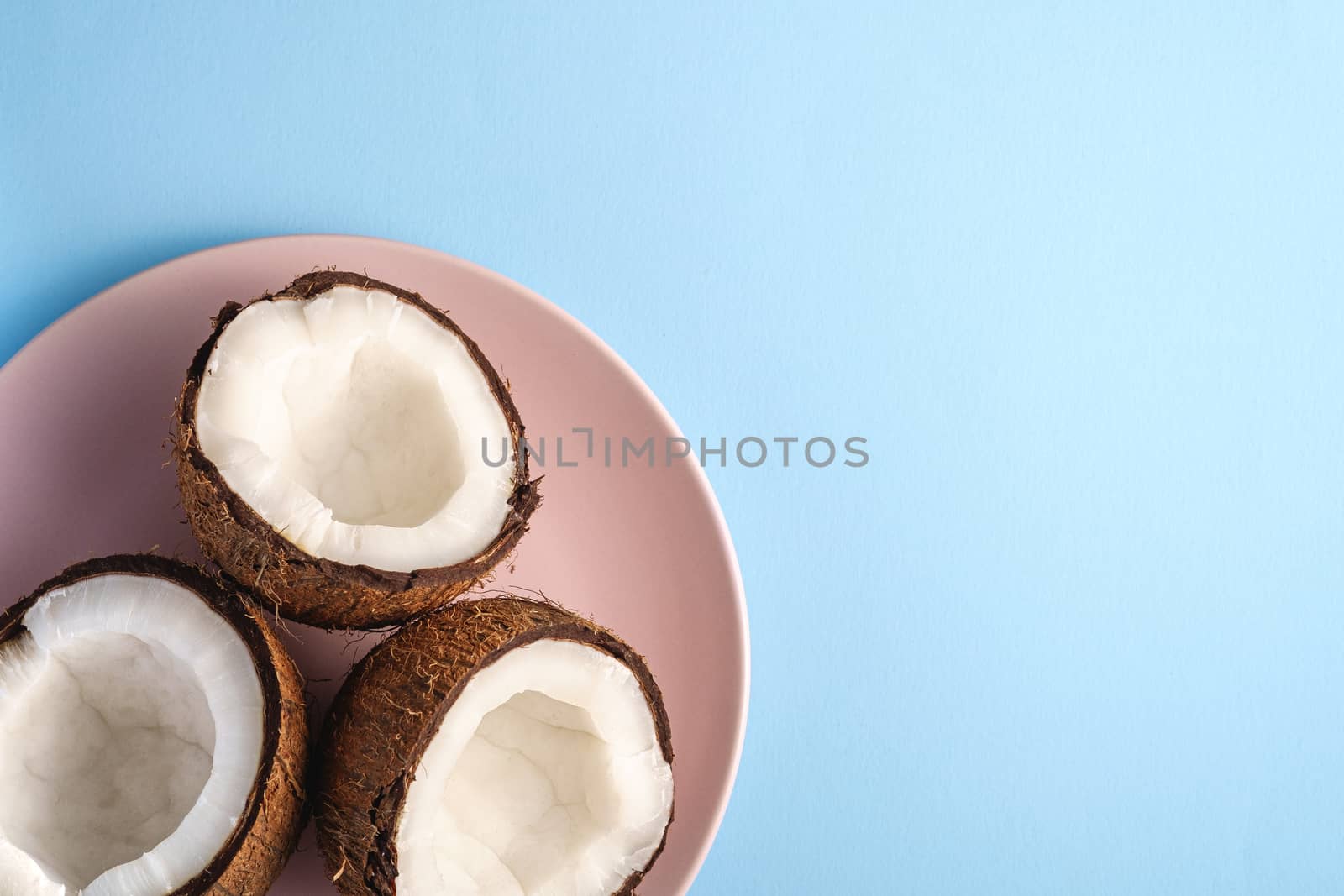 Coconut fruits in pink plate on blue vibrant plain background, abstract food tropical concept, top view copy space