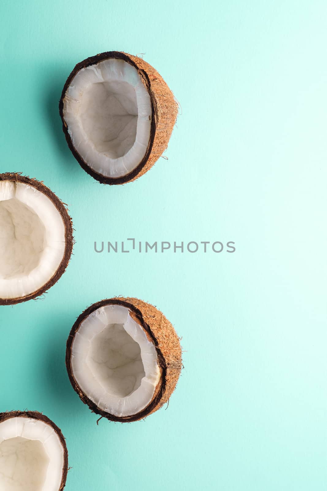 Coconut fruits on blue vibrant plain background, abstract food tropical concept, top view copy space