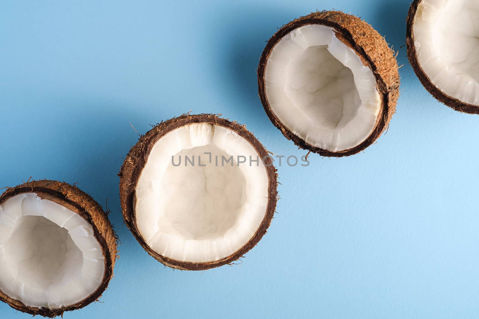 Coconut fruits in row on blue vibrant plain background, abstract food tropical concept, top view