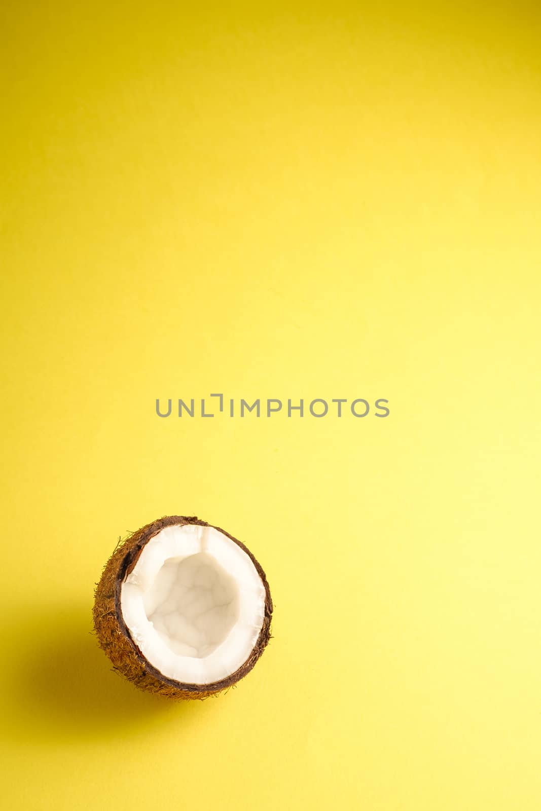 Single coconut fruit on yellow plain background, abstract food tropical concept, angle view copy space