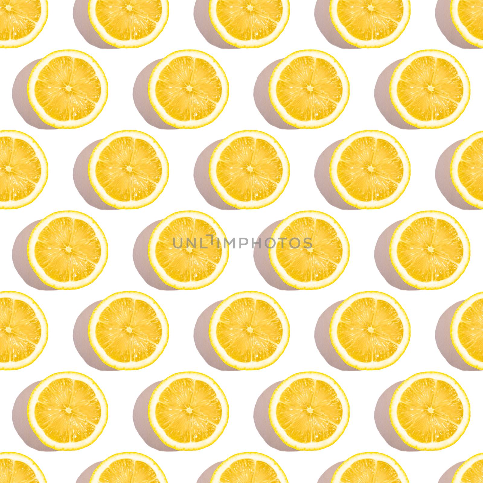 Lemon citrus fruits seamless pattern on white isolated background, tropical fresh juicy slices