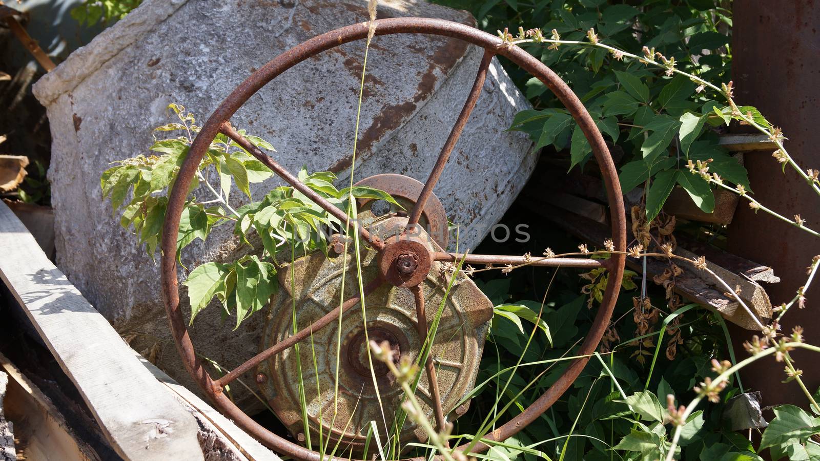 old rusty concrete mixer in the grass close up by Annado