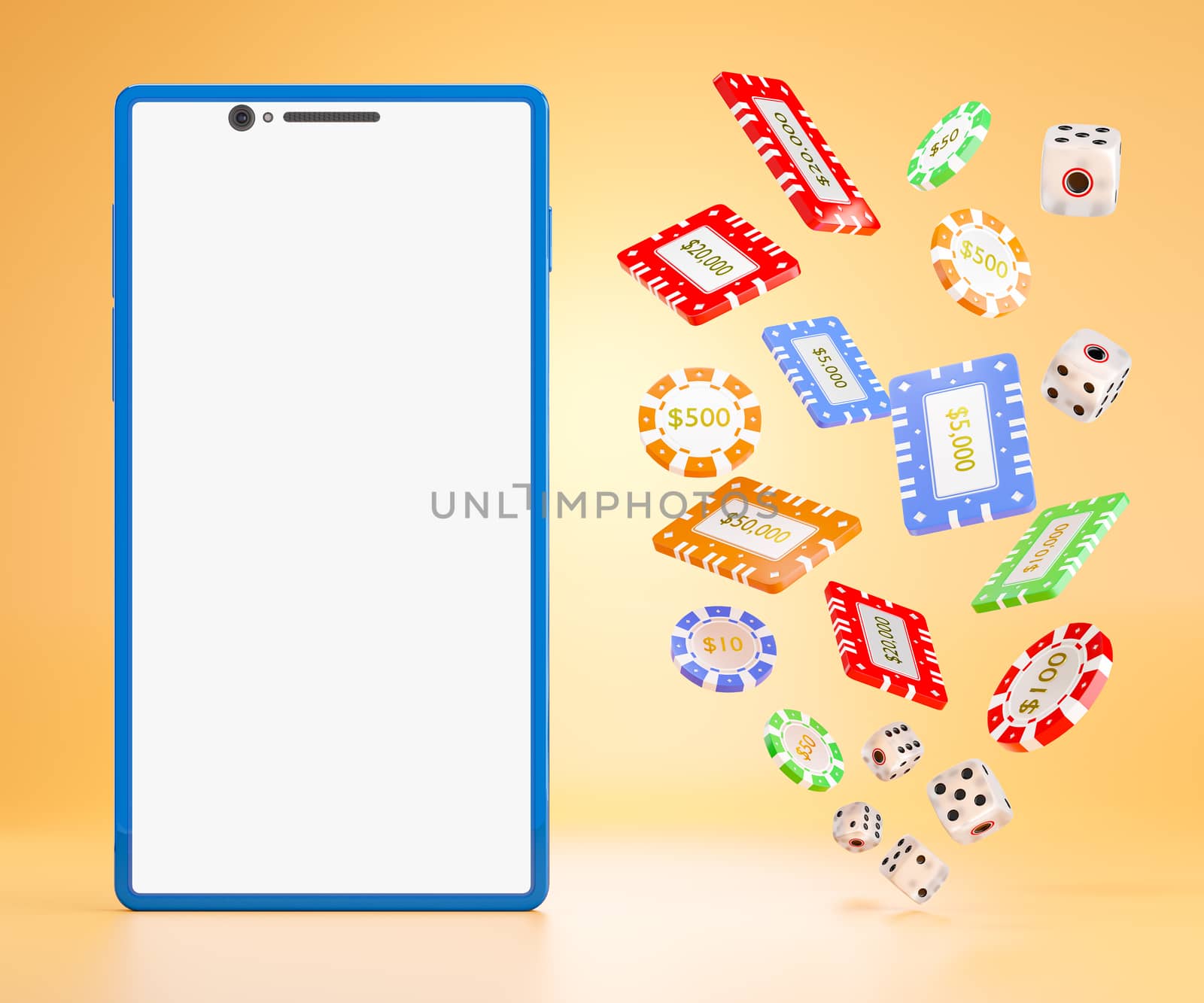 The dice and gambling chips flying in the air next to the blue mobile phone on an orange background. The concept of online casino gambling. 3D rendering illustration.