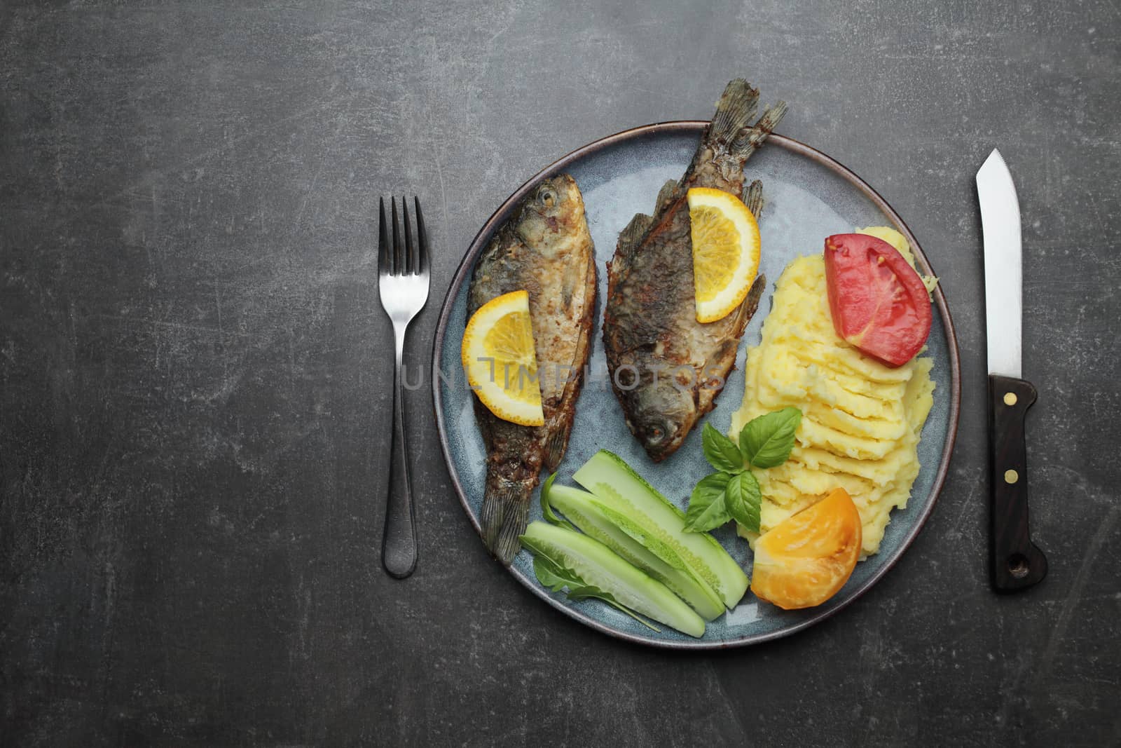 Fried fish and vegetables on a plate. Concrete gray countertop by selinsmo