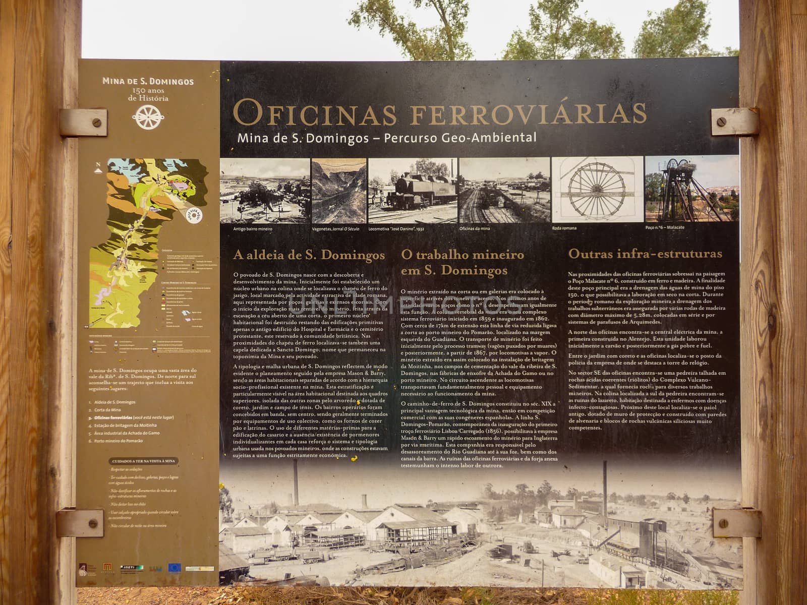 Welcome sign and information plaque at Mina de Sao Domingos, Officinas Ferroviarias, Portugal by kb79