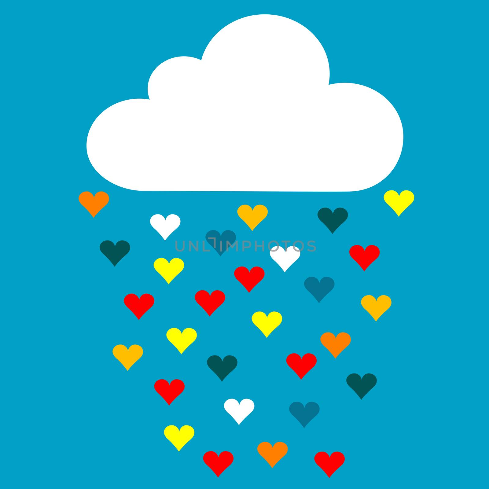 Cartoon cloud with rain drops of colored hearts in the blue sky