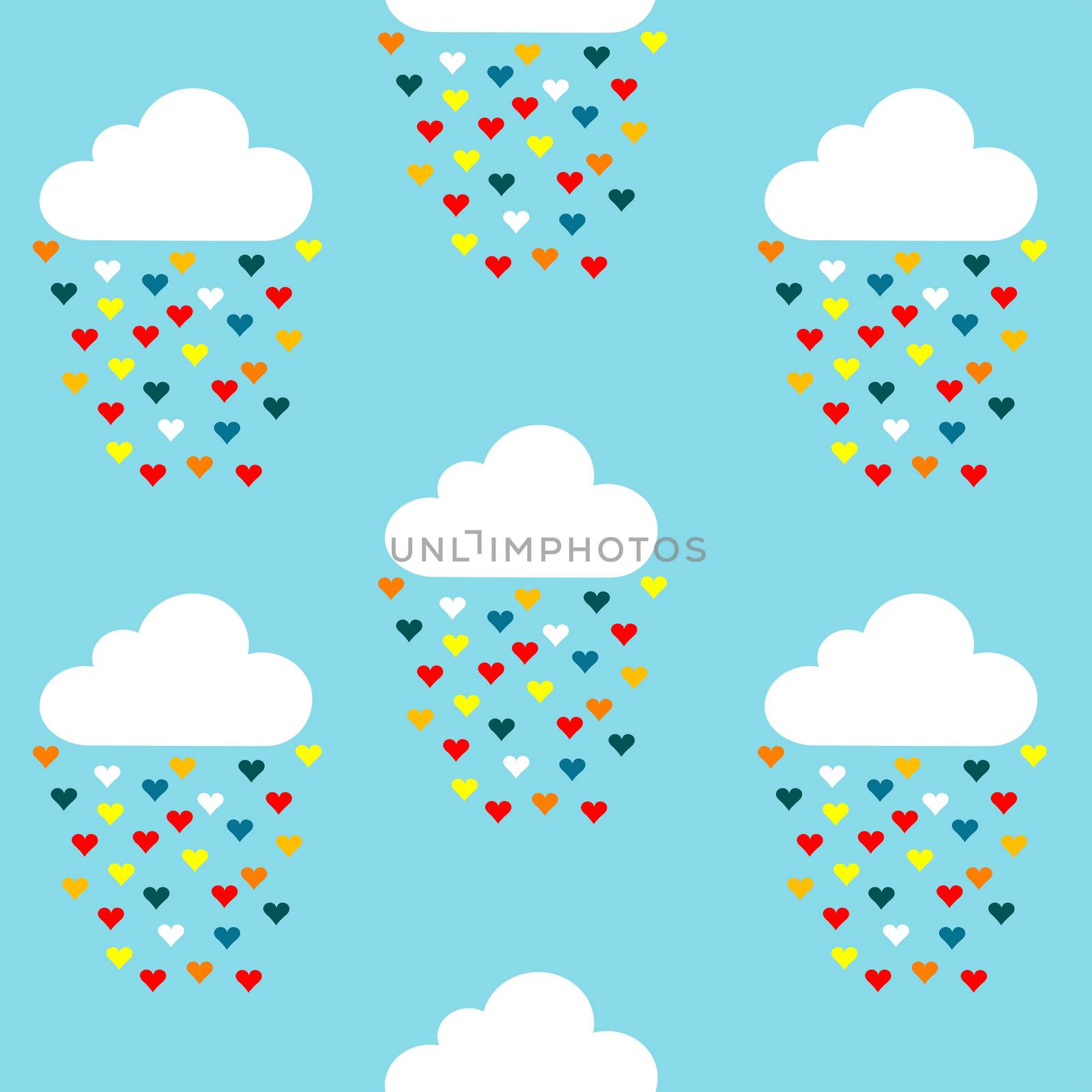 Seamless pattern with clouds and colored hearts rain