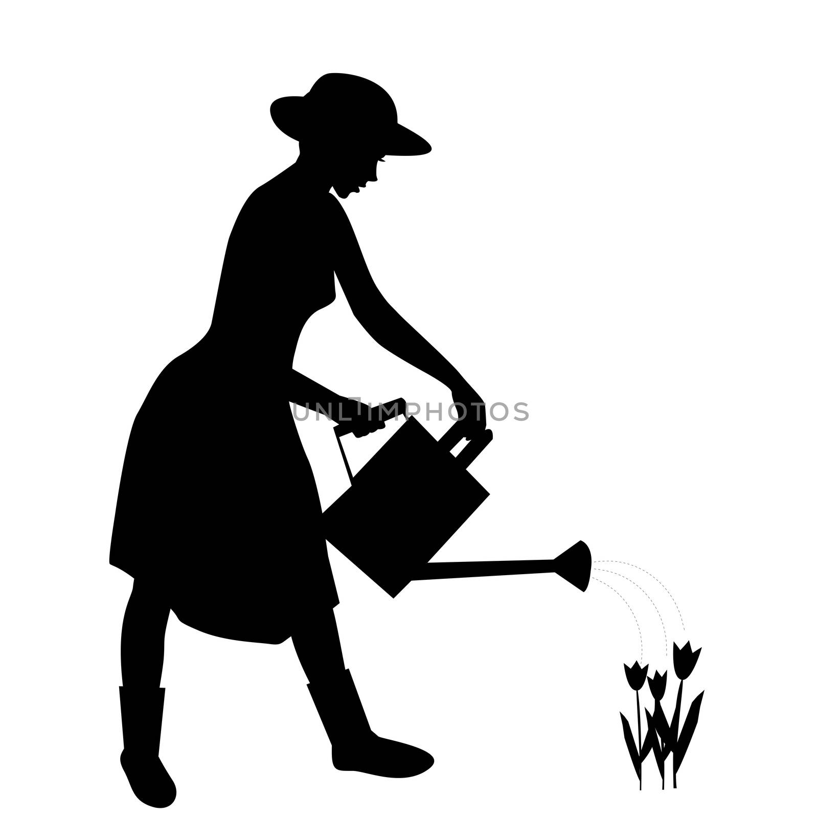 Silhouette of woman gardener watering flowers with water can by hibrida13