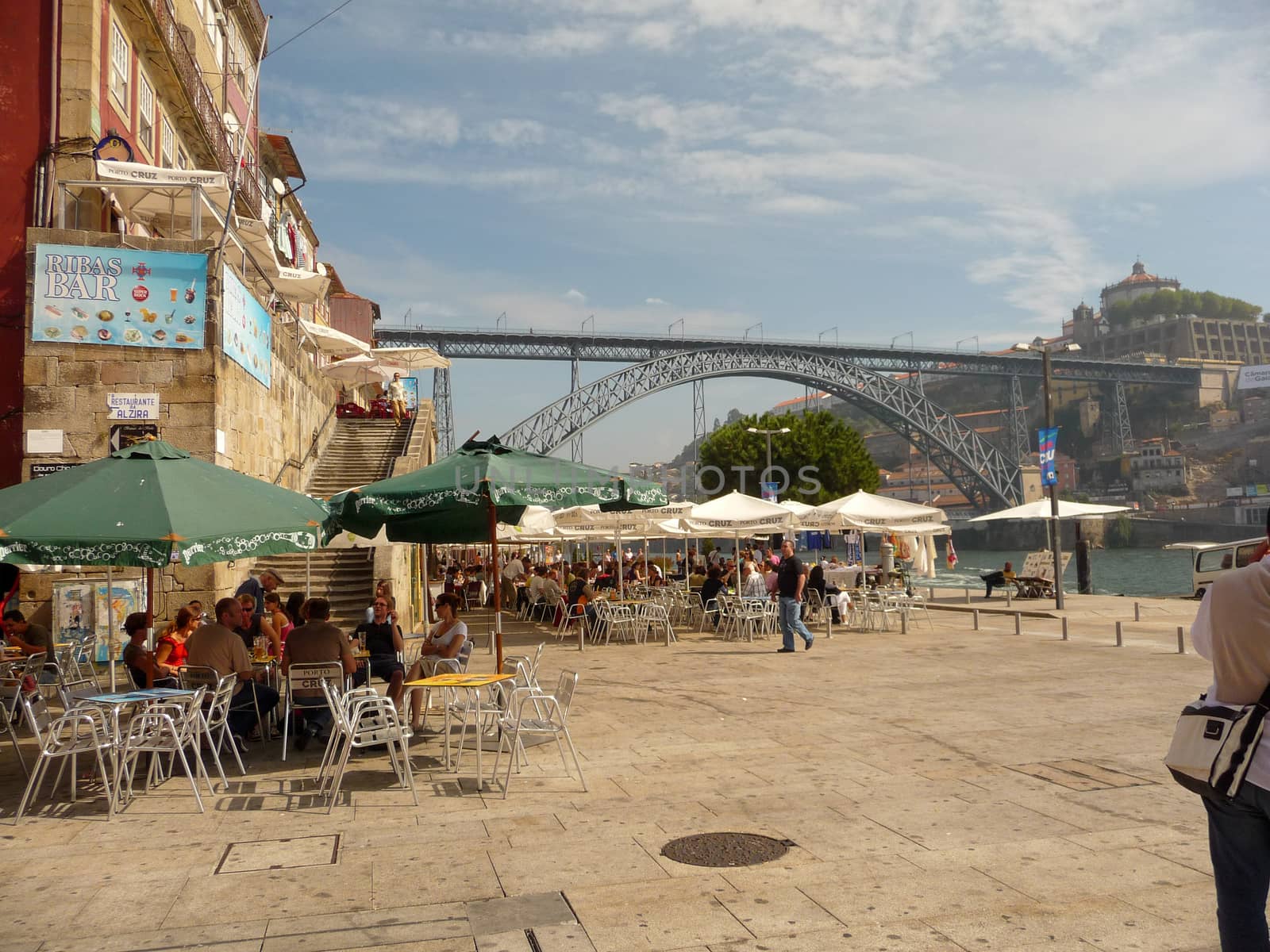 Terraces and bars with view on the famous Dom Luis I Bridge over river Douro on Porto, Portugal by kb79