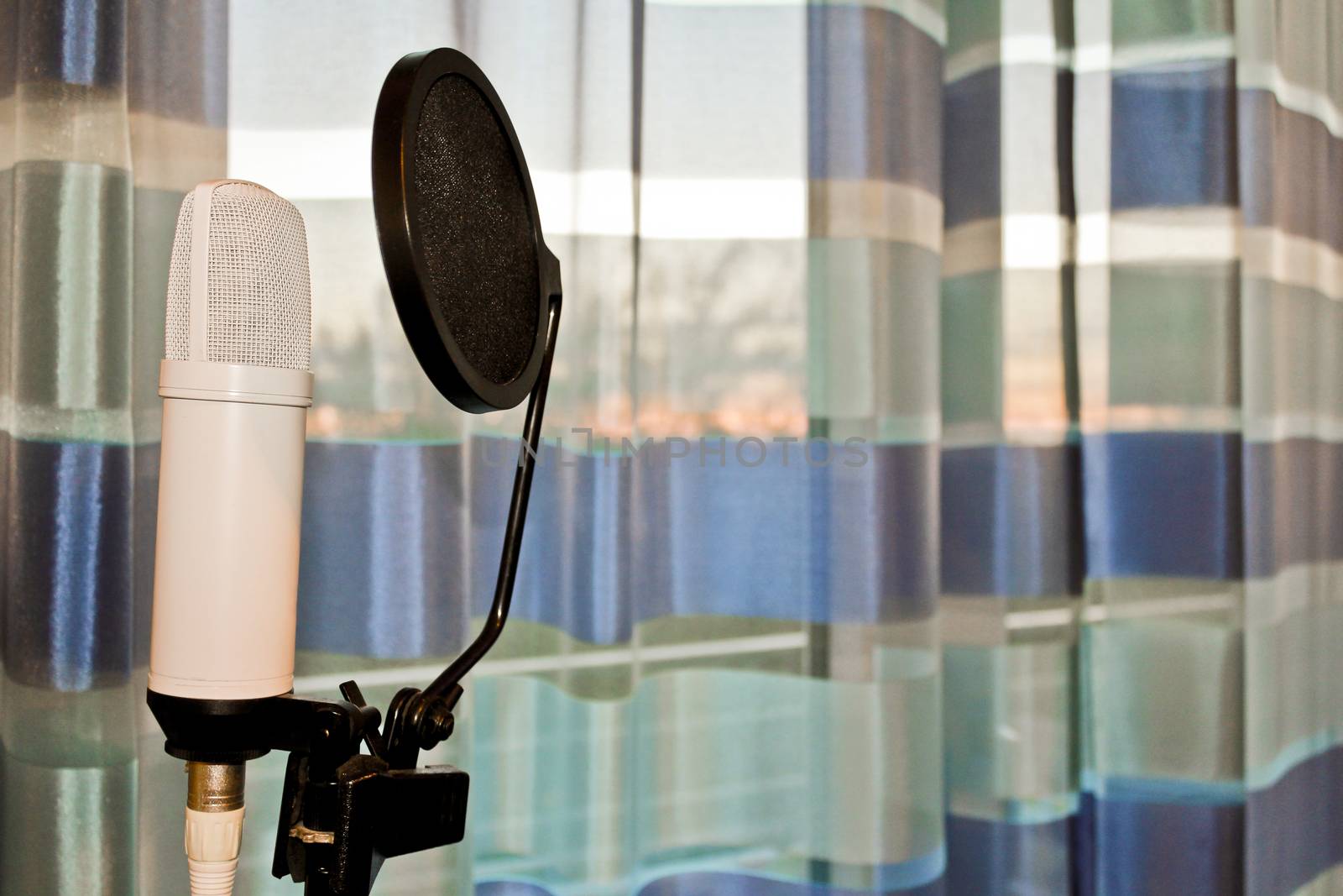 White microphone with pop protection in blue surroundings and sunset. Leherheide, Bremerhaven, Germany.