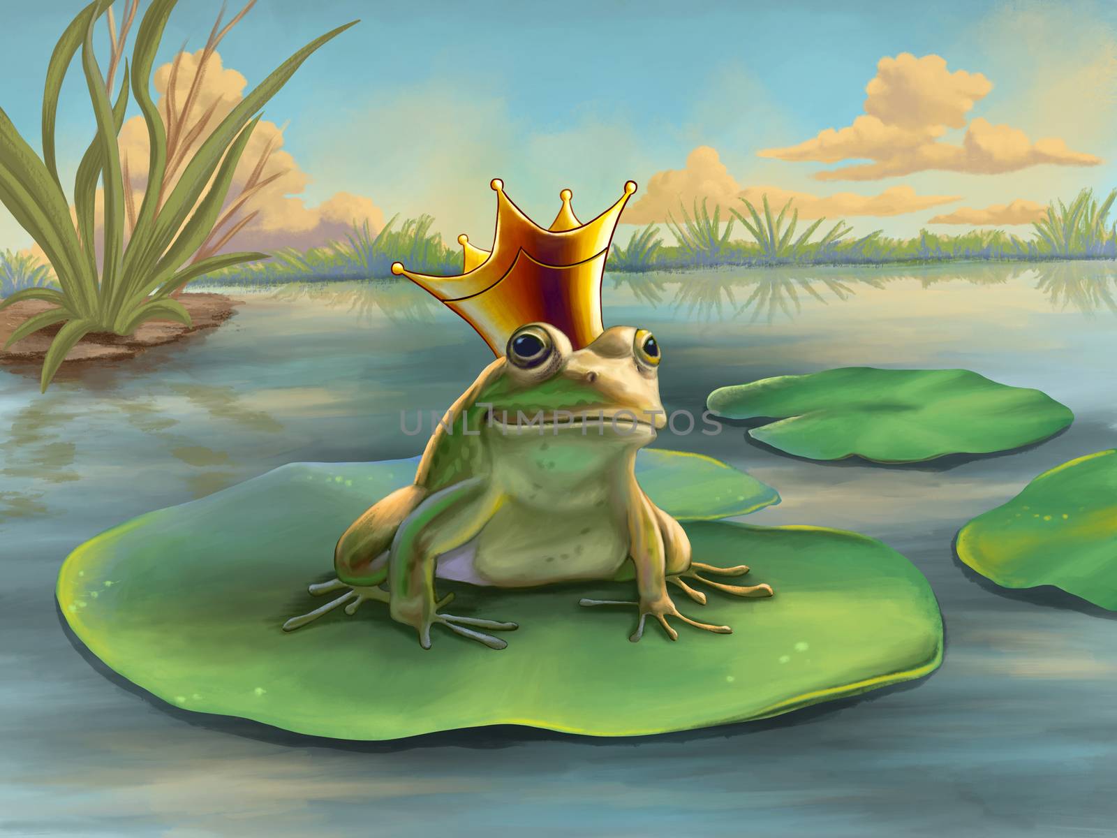 Frog prince waiting on a water lily. Digital illustration.