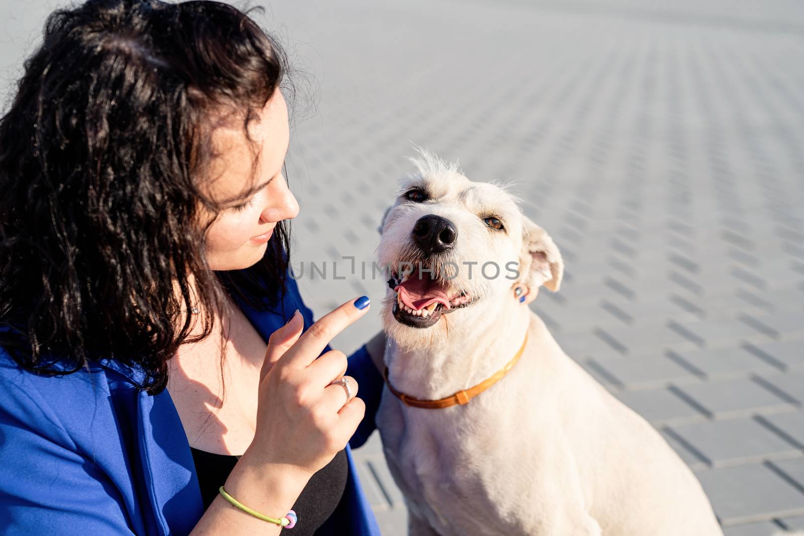 Pet care. Pet adoption. Young woman playing with her dog in the park