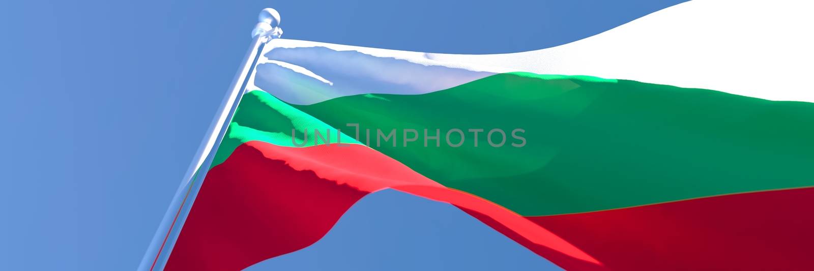 3D rendering of the national flag of Bulgaria waving in the wind against a blue sky.