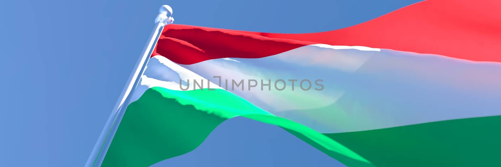 3D rendering of the national flag of Hungary waving in the wind against a blue sky.