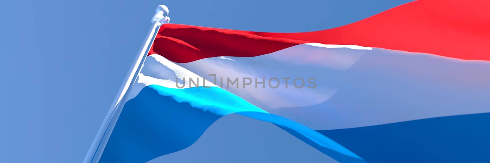 3D rendering of the national flag of Netherlands waving in the wind against a blue sky