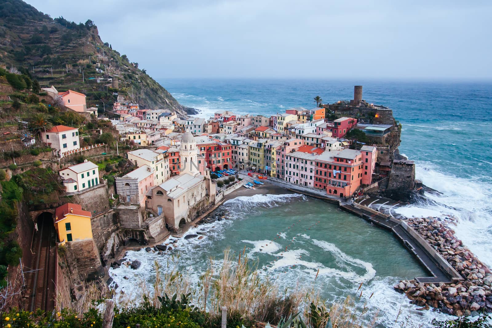 Coastal view on a clear winter's evening over Vernazza in Cinque Terre, Italy