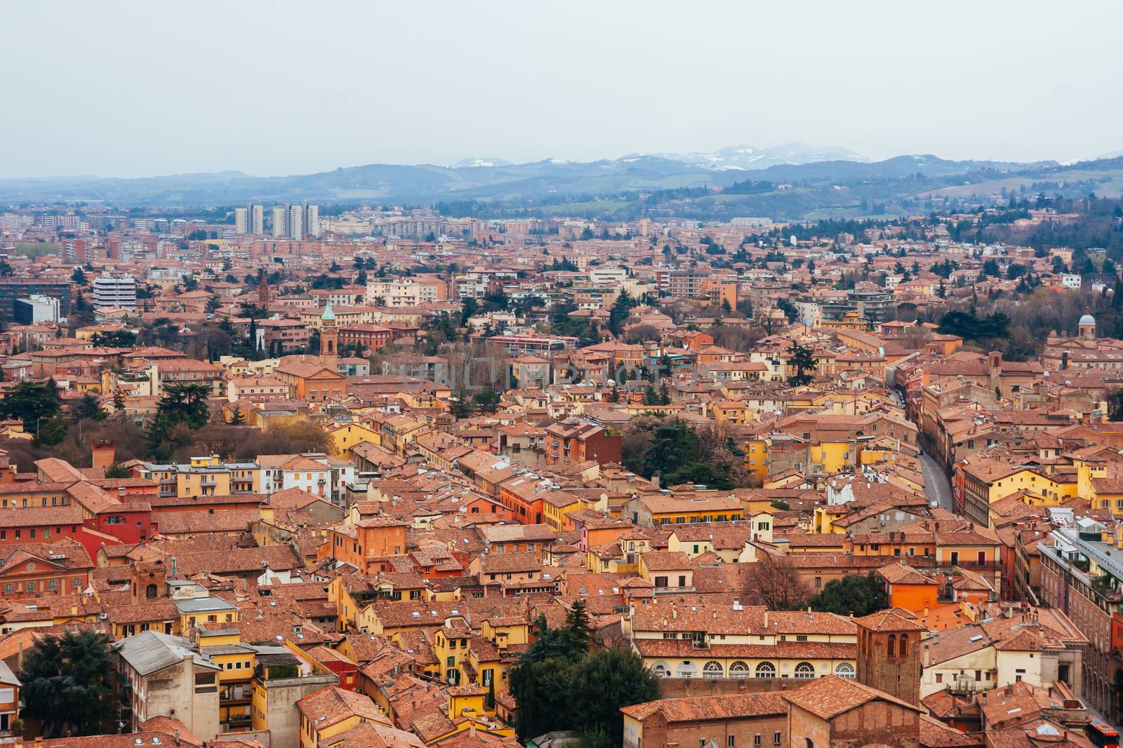 An aerial view across the beautiful town of Bologna in Italy.