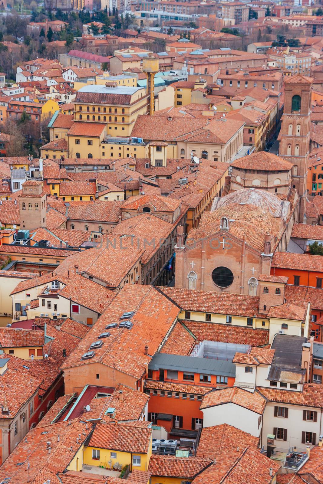 An aerial view across the beautiful town of Bologna in Italy.