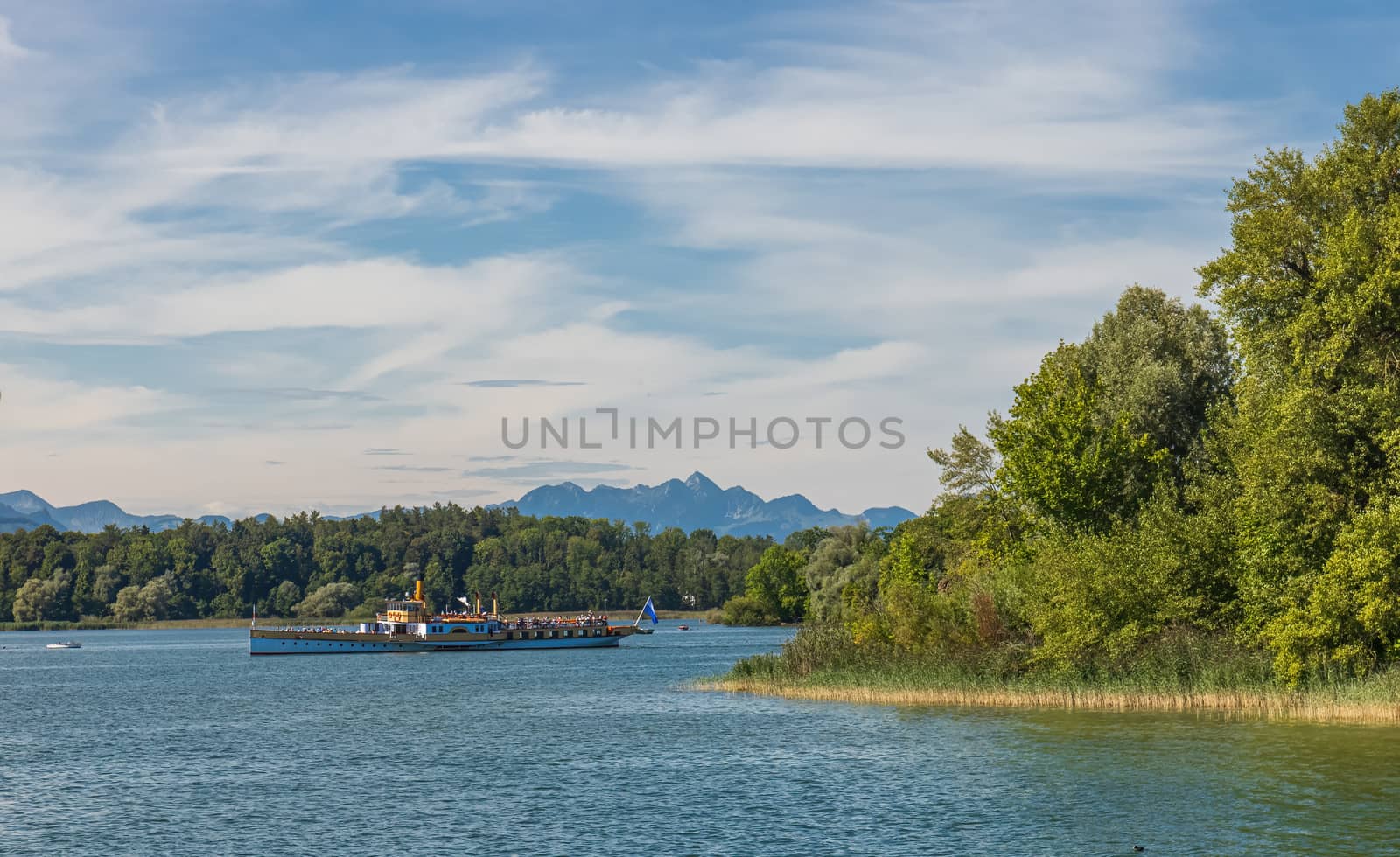 Tourist Cruiseship at a sunny day in summer on Chiemsee, Germany by COffe