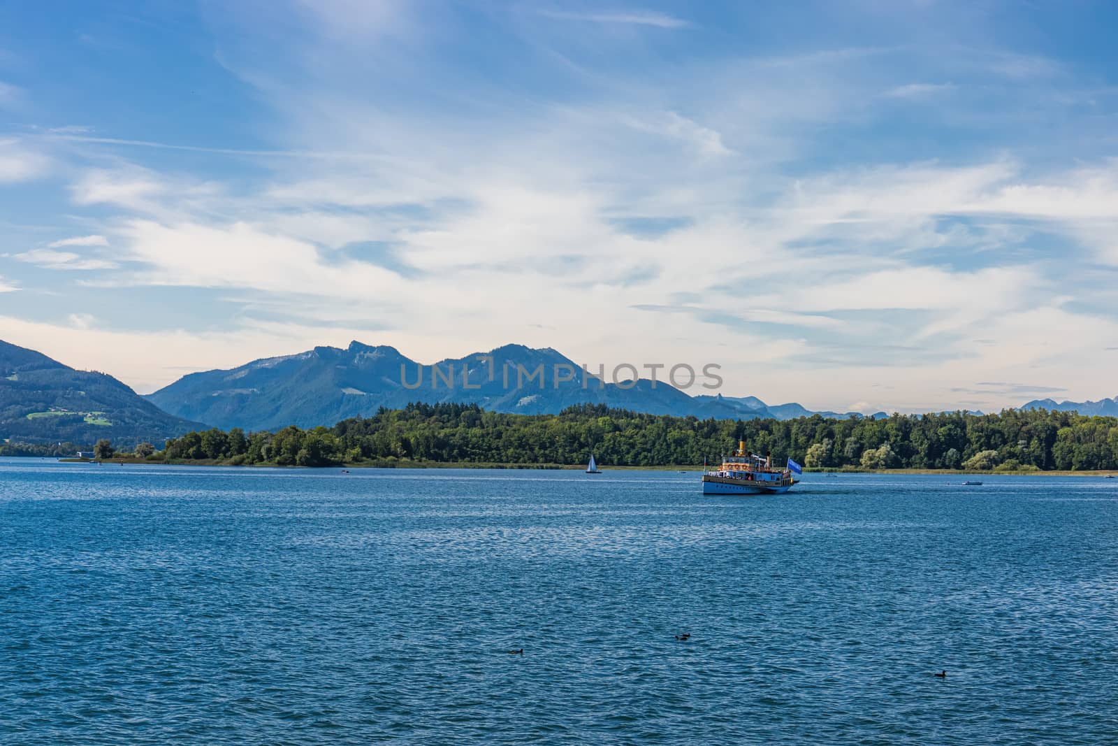 Tourist Cruiseship on Chiemsee at a sunny day in summer