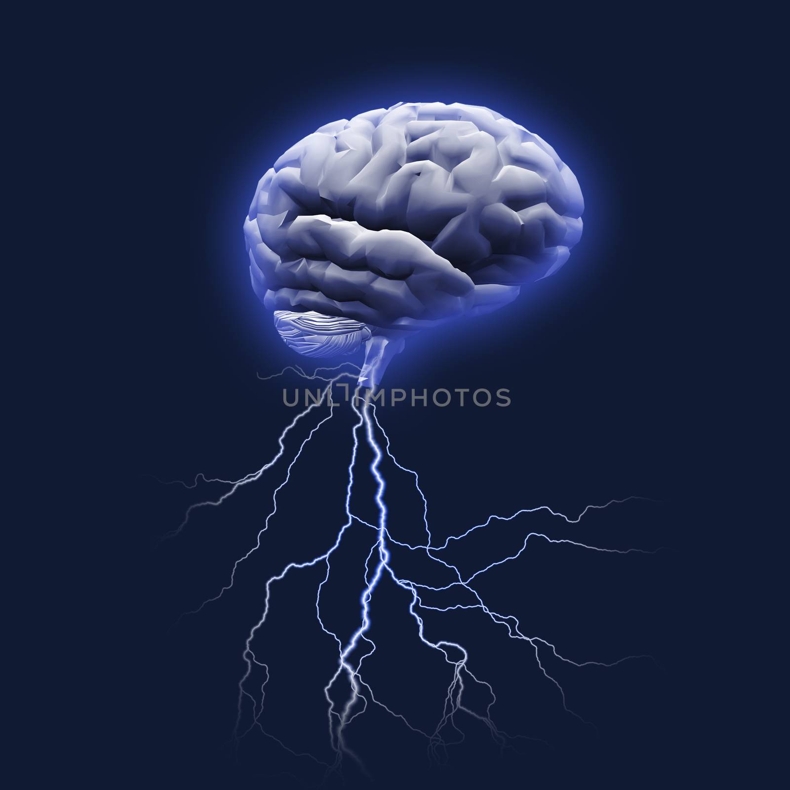 Brain storm. Lightnings comes put from human mind. 3D rendering