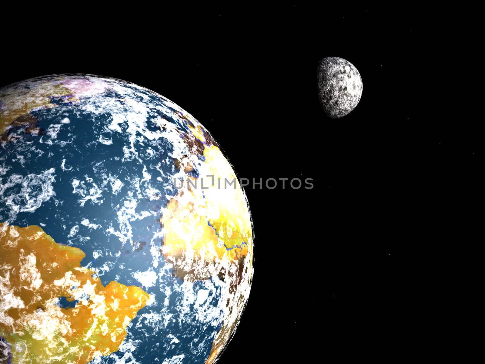 Dying planet and moon. 3D rendering