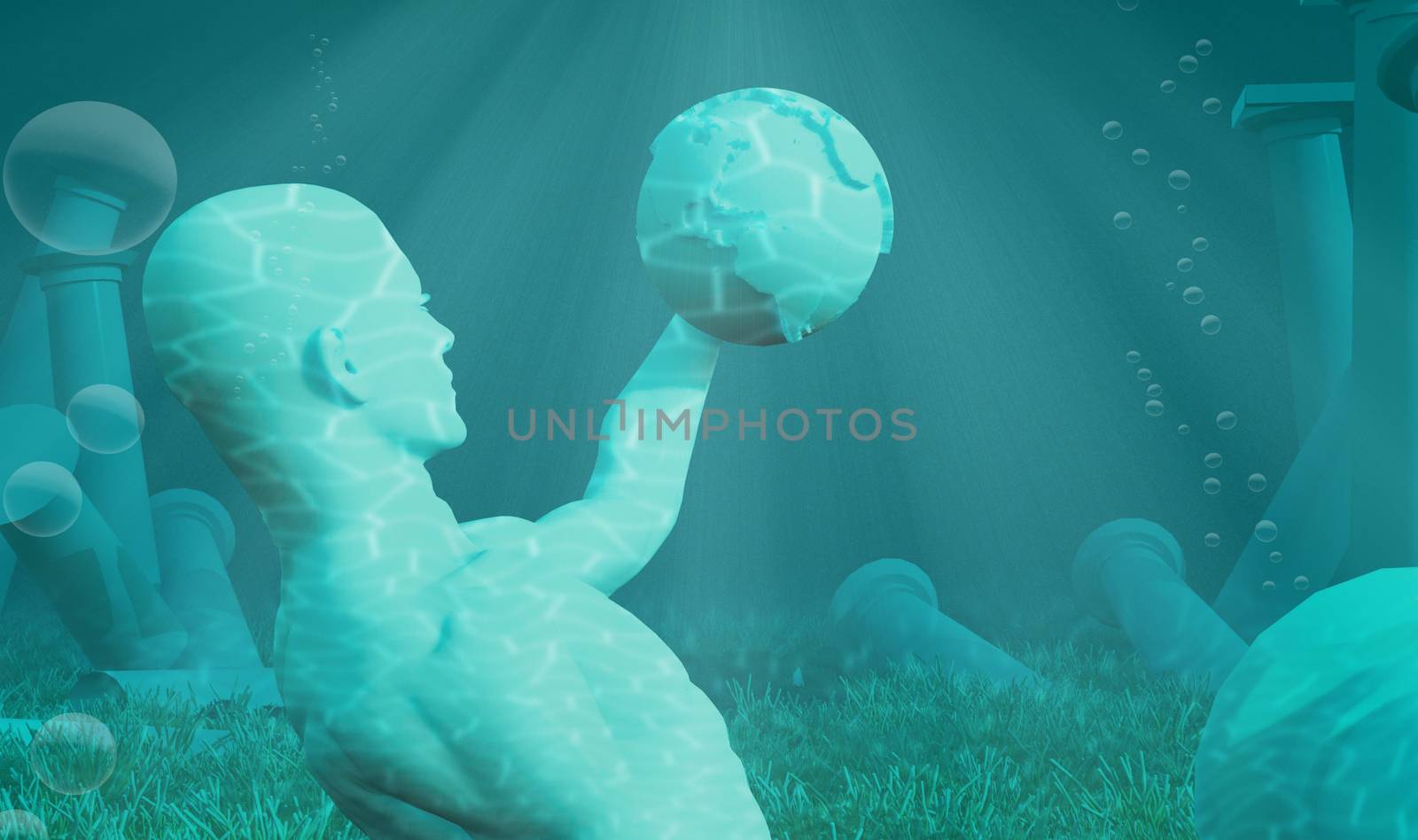 Underwater roman-greek fantasy ruins. 3D rendering