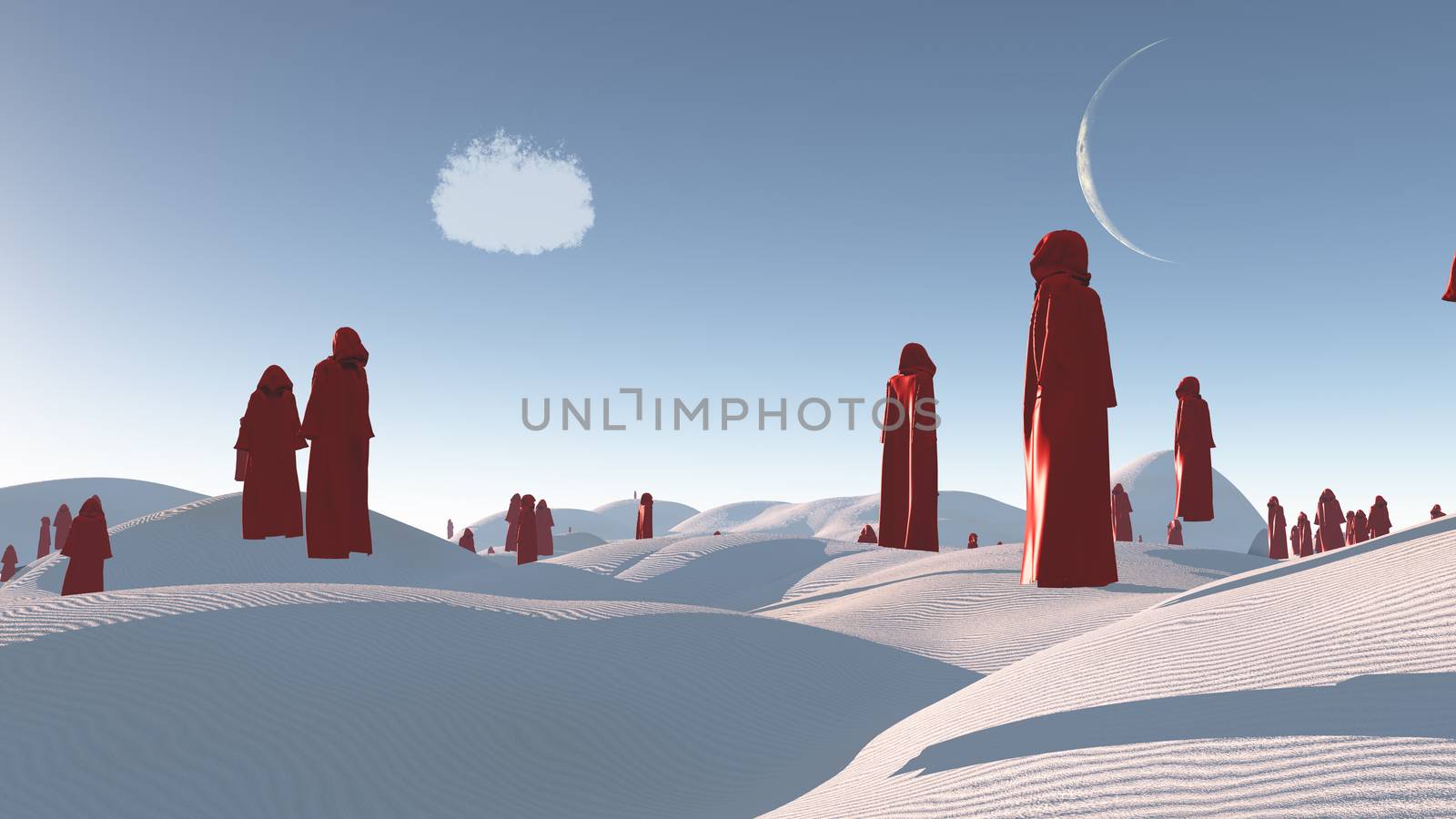 Figures in red robes in the desert. 3D rendering
