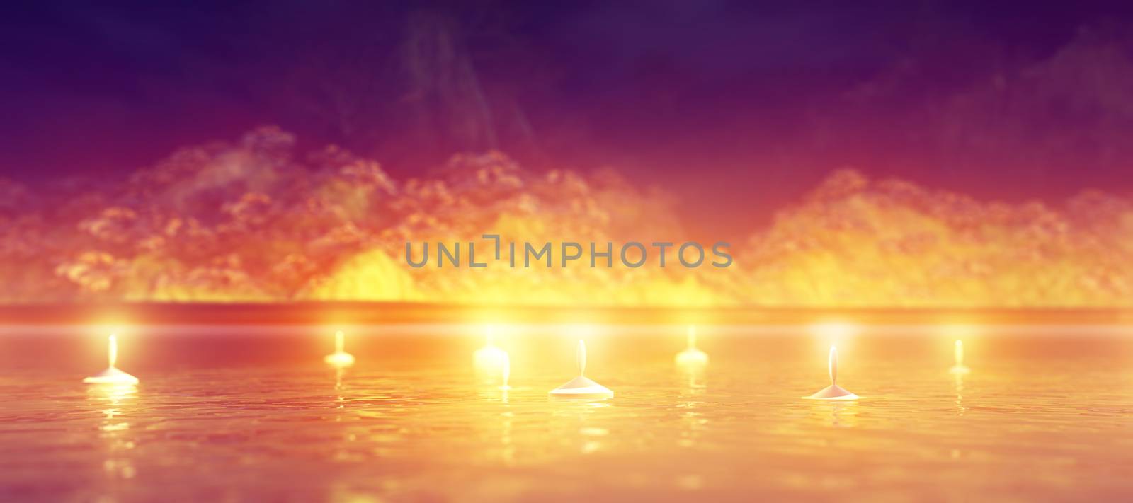 Abstract night background with candles in the water by alex_nako